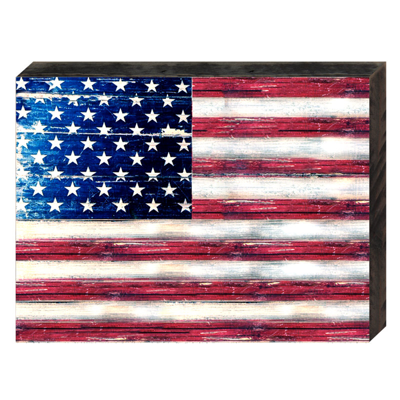 Drapeau américain-impression sur bois, H 8 po x l 6 po x P 1,75 po