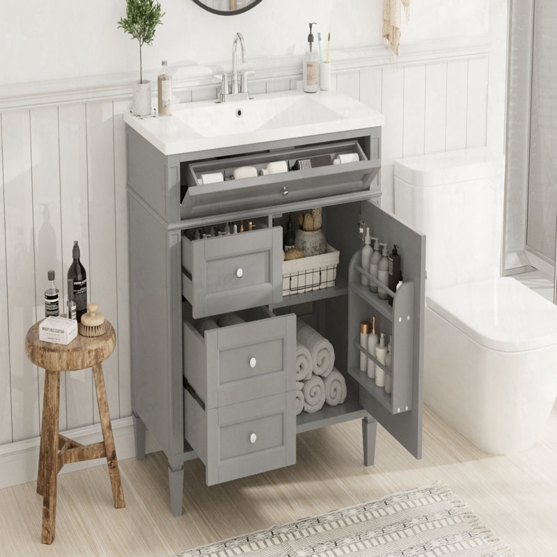 Meuble-lavabo 36 po avec lavabo supérieur, meuble-lavabo moderne avec 2 tiroirs et tiroir escamotable, meuble-lavabo simple