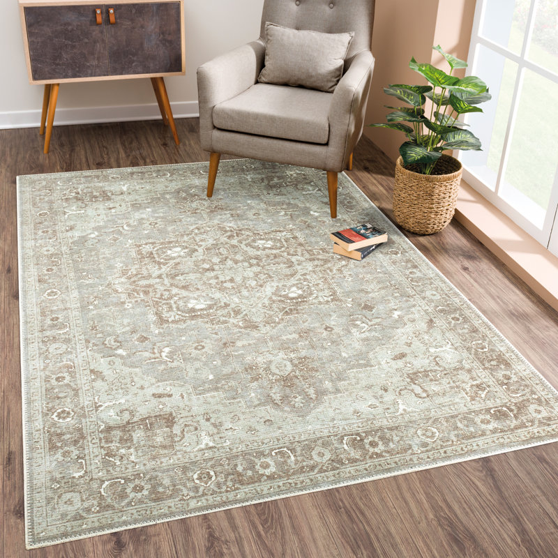 Washable Non-Slip 5' x 7' Rug - Beige / Gray Traditional Oriental Area Rug, Rectangle 5' x 7'