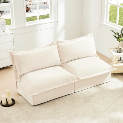 Slipcovered 2 Seater Armless , Cream. Convertible, Wood Frame, For Living & Bedroom Soft Support,