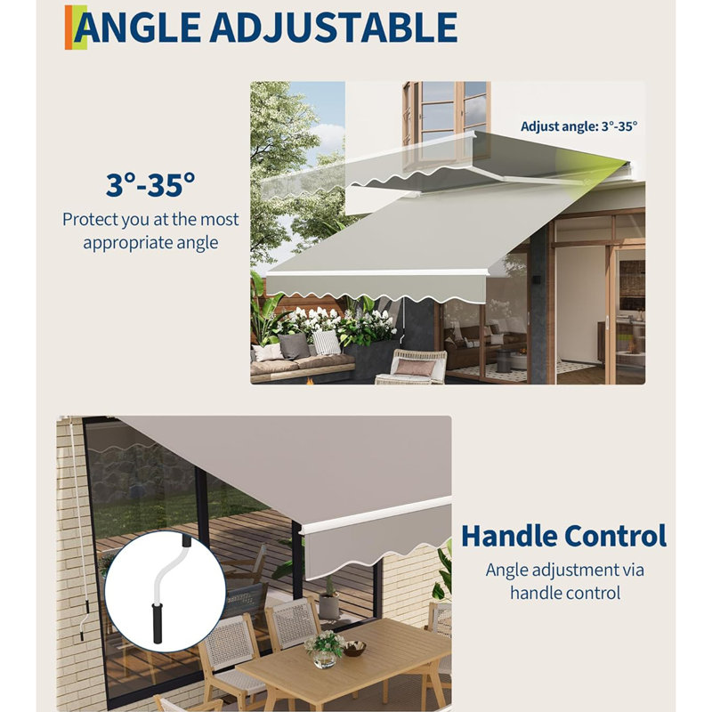 12' x 10' Manual Retractable Awning, Waterproof Patio Sun Shade with Aluminum Frame, 280 GSM Polyester Fabric, Adjustable Crank for Deck, Porch, or Balcony
