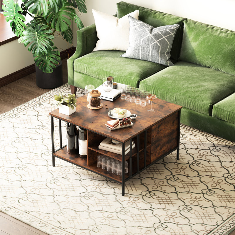 Table basse à plateau relevable avec style, hauteur réglable de 31,5 po, compartiment caché pour consoles de jeux, 3 livres à tablettes ouvertes, capacité de 110 lb, table carrée à assemblage rapide, couvertures de rangement et collations,