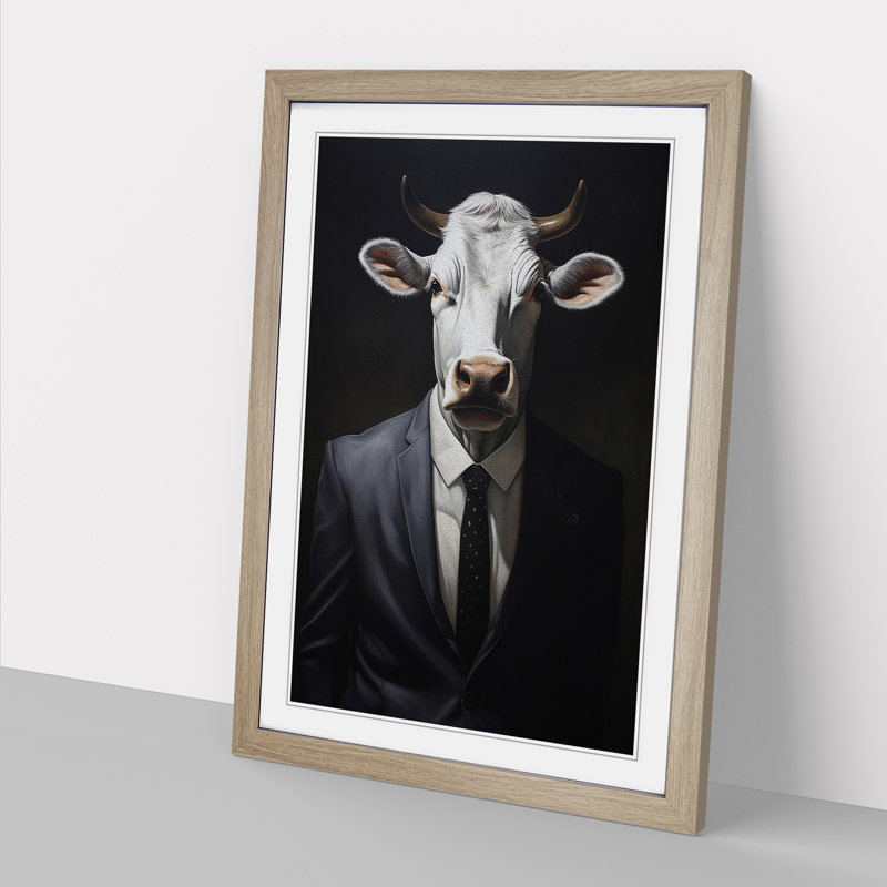 Cow In A Suit Painting - Single Picture Frame Print on Wood, 34cm H x 25cm W x 2cm D, Oak Framed