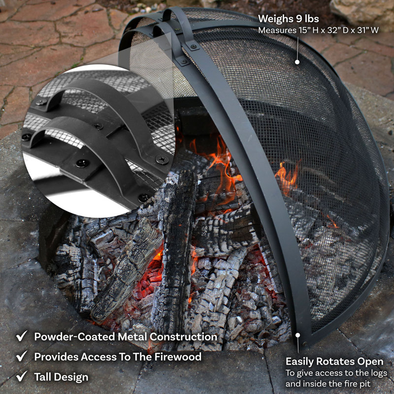 40-Inch Black Steel Mesh Fire Pit Spark Screen with Handle