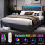   Structure de lit double avec lumières DEL et station de charge, plateforme tapissier en tissu avec tête de lit, tissu en peluche rembourré avec station de charge, aucun sommier requis, assemblage facile, gris-1201043715-1201043725