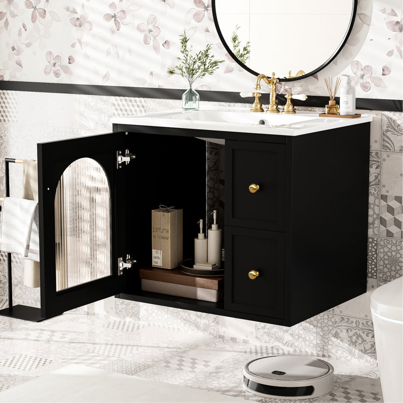 Wall - Mounted Bathroom Vanity With 24" Measurements, Ceramic Sink, Storage Drawers, Modern Aesthetic, Waterproof Surface, Faucet Compatibility, Elegant Handle For Limited Space Baths, Design,