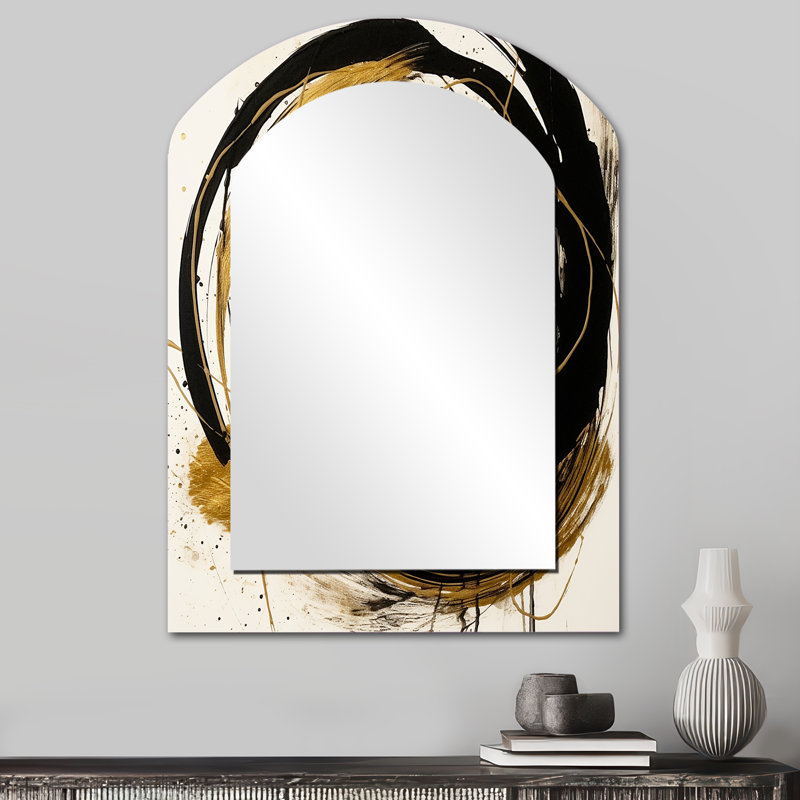 Black And Gold The Art Of Chaos IV - Abstract Painting Arch Decorative Wall Mirror, Modern Asymmetrical Mirror, Printed Metal Art