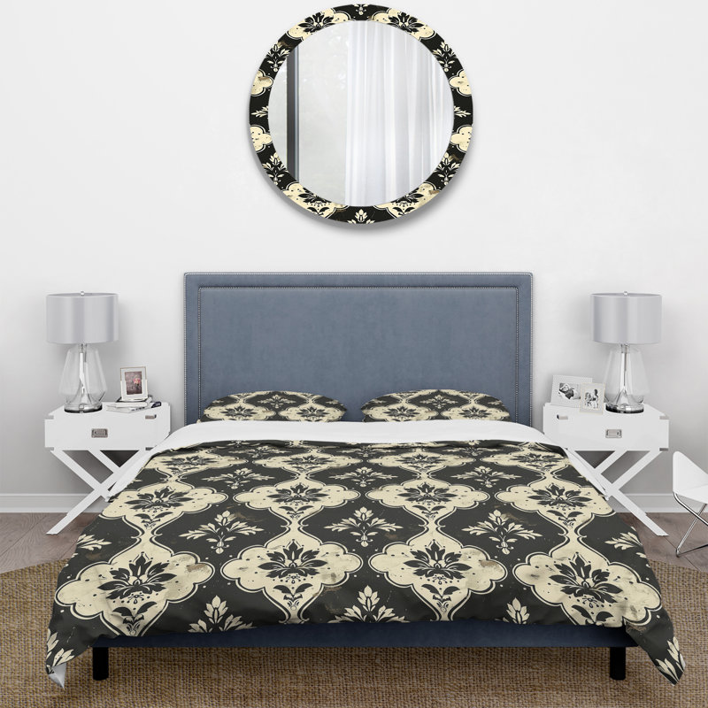 Ensemble de housse de couette à motif floral noir rétro Vintage, Housse de couette très grand + 2 taies décorativ