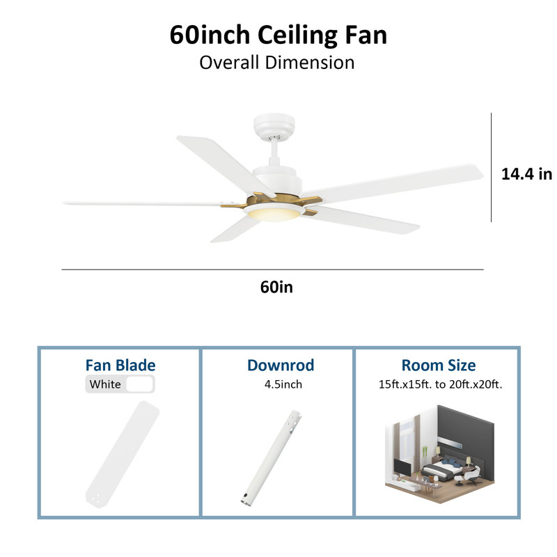 Ventilateur de plafond 60 po à 5 pales avec lumière Lisk, Blanc