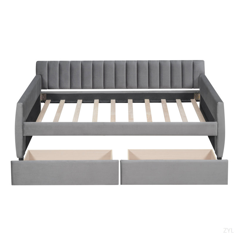 Twin Size Upholstered Daybed With Drawers, Wood Slat Support, Gray
