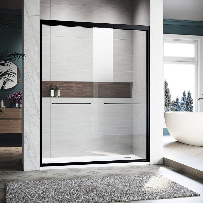 50 - 54 In. W X 72 H Sliding Shower Door, Semi- Adjustable, Clear Thick Tempered Glass, 304 Stainless Steel Handles, Black Glass Semi