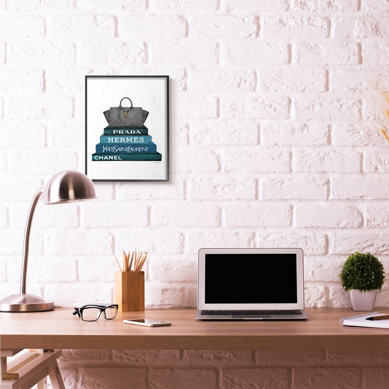« mode motif sac à main bookstack blue black », impression, H 20 po x l 16 po, Giclée encadrée noir minuit