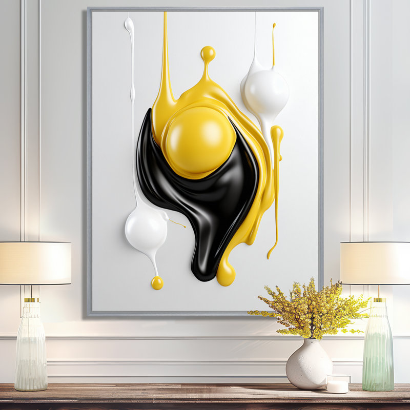Art liquide sur toile, abstrait liquide noir et blanc I, 32" H x 24" W, Cadre argenté flottant
