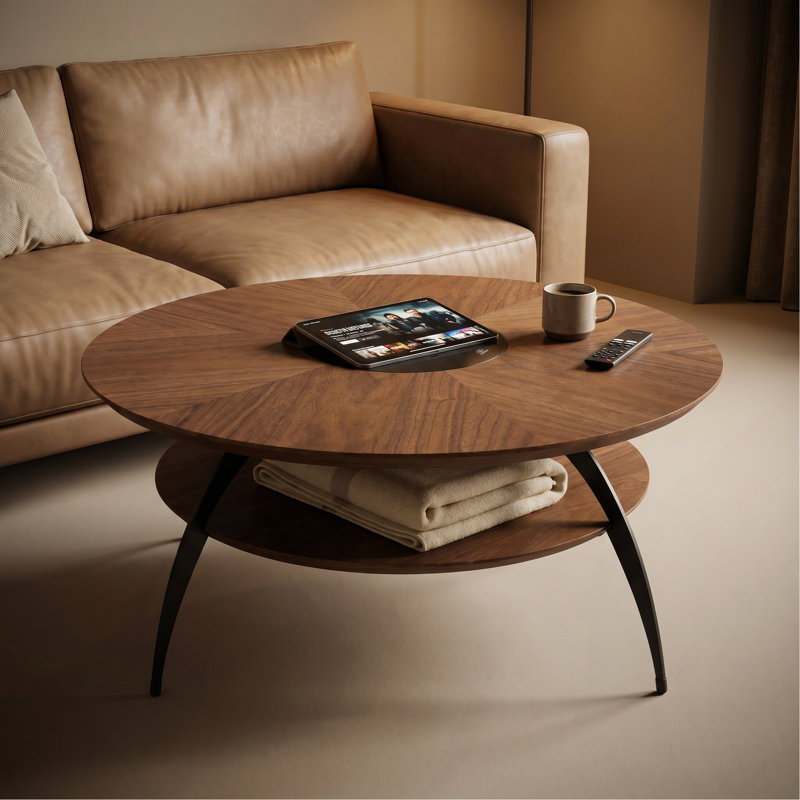 Table basse ronde moderne de 90 cm (35,4 po) avec dessus en verre incrusté et pieds en acier au carbone - Noyer