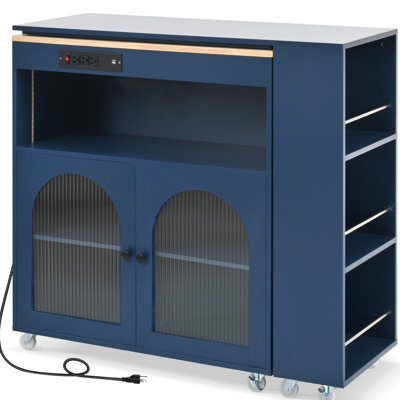 Navy Kitchen Island With Led Lights, Fluted Glass, Power Outlets Modern Rolling Storage, , Outlet, Glass Door,