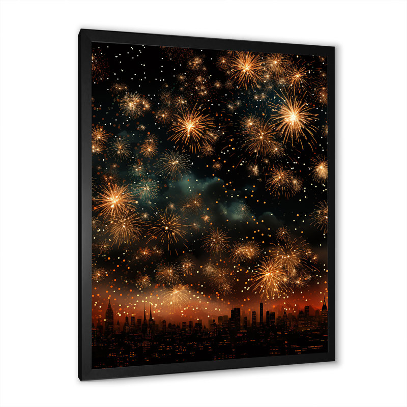 Feux d'artifice dorés, ciel magique, Cadre simple noir, H 20 po x l 12 po x P 1 po