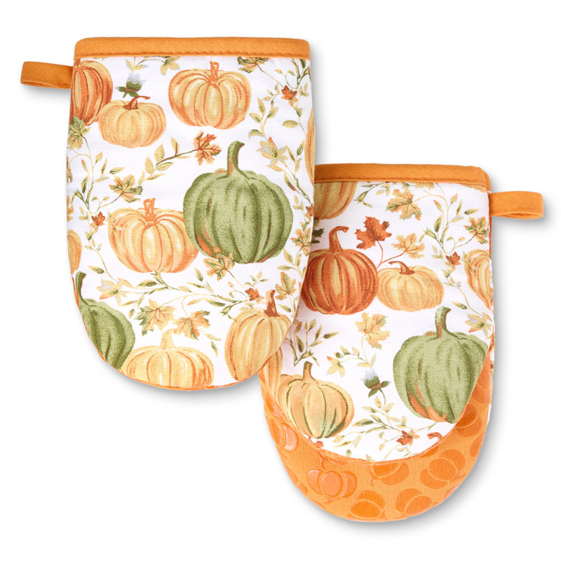 Ensemble de 2 mini-gants de cuisine en forme de citrouille d'automne MARTHA STEWART, 100% coton avec poignée antidérapante en silicone, résistant à la chaleur, orange / vert / ivoire, 5,5 po x 8 po