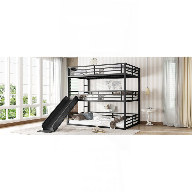 Full Over Full Over Full Bunk Bed With Slide, Metal Triple Bunk Bed With Safety Guardrails, Heavy-Duty Bunk Bed With Noise-Reduced Design, Black