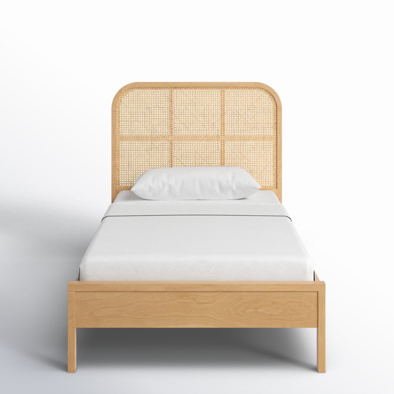 Natural Twin Wood Frame Bed with Cane Headboard