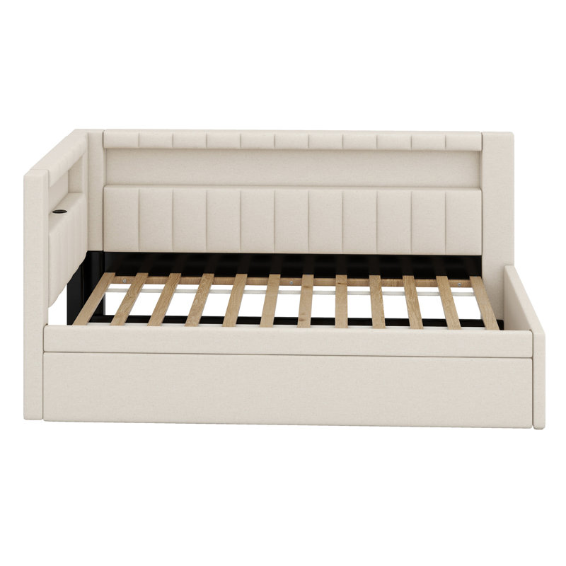 Upholstered Platform Bed With USB Ports,LED Belt And Trundle, White