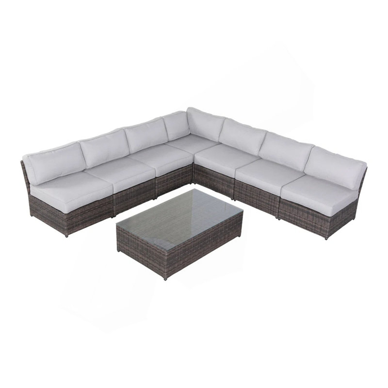 Ensemble de conversation d'extérieur en osier pour 6 personnes avec coussins entièrement assemblé, Coussin gris / cadre brun