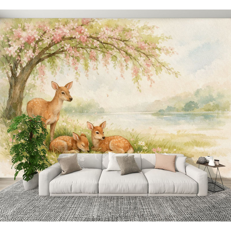 Papier peint adhésif pépinière et pépinière Peaceful Woodland Scene Deer, L 144 po x l 100 po