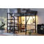 Lit mezzanine double avec bureau pliable et station de charge, lit mezzanine double en métal avec bande lumineuse et rangement pour escalier