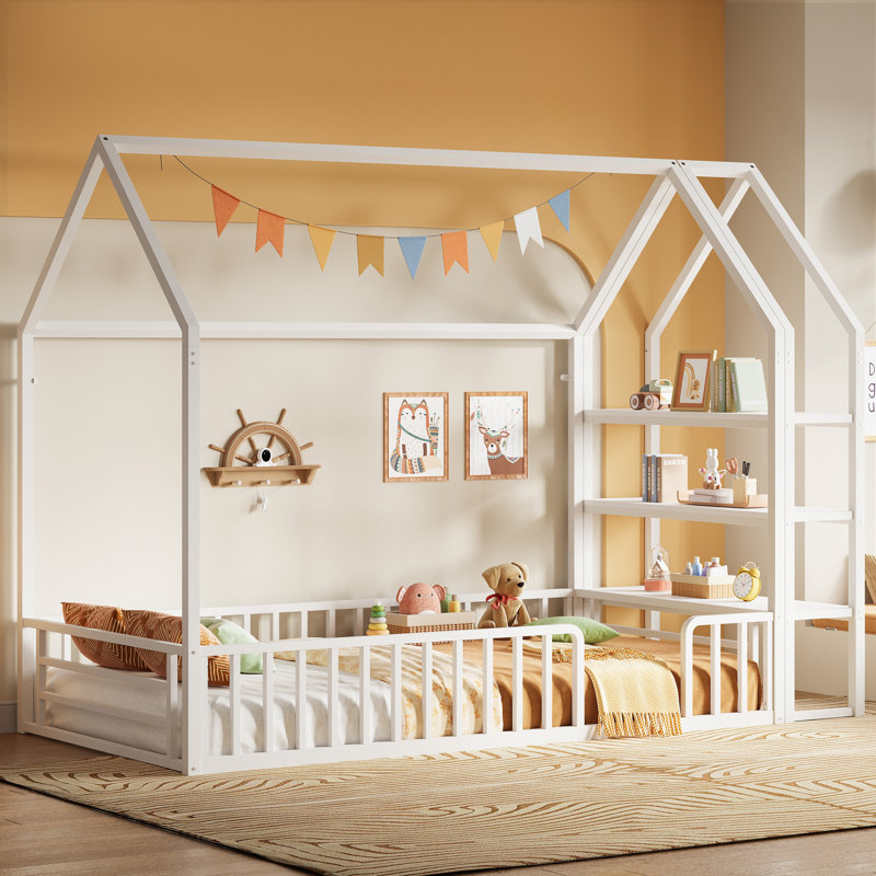 Twin Bed Frame With Storage, Floor Metal House Bed With Fence Guardrails, No Box Spring Needed, Space Saving For Bedroom And Dorm, Easy Assembly, White