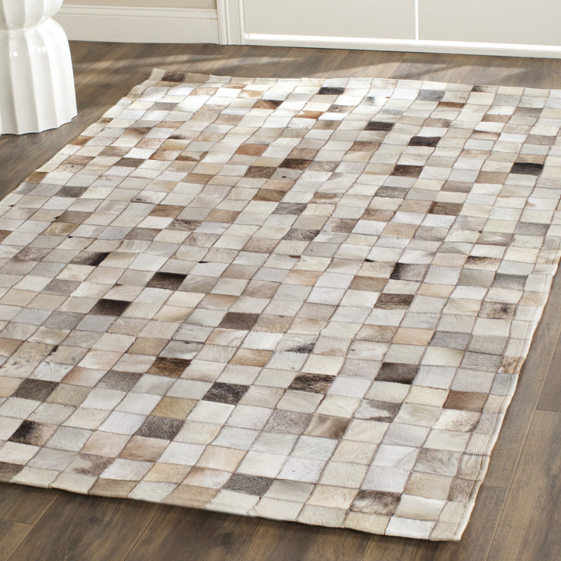 Yasmine Geometric Cowhide Hand Woven Area Rug, Rectangle 122 x 183 cm