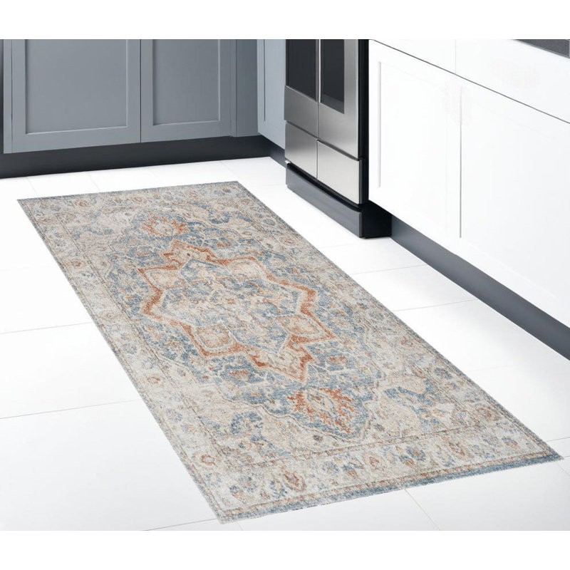 8' Denim Blue Oriental Power Loom Washable Runner Rug