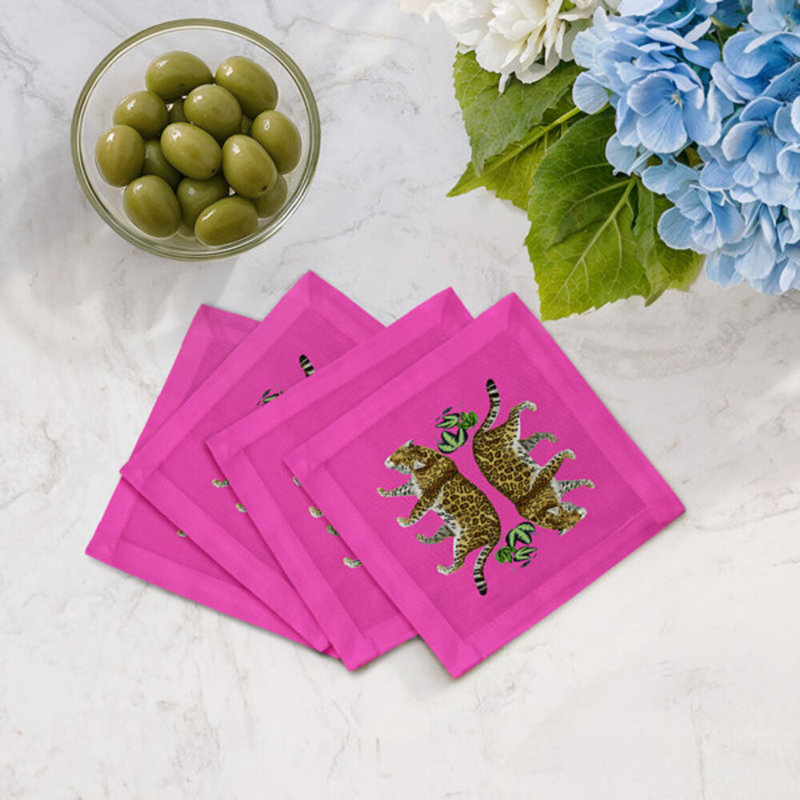 Leopard Seeing Double Cotton Sateen Cocktail Napkins, Hot Pink