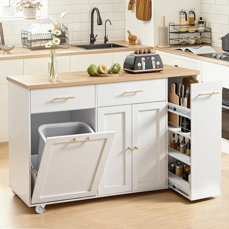 Îlot de cuisine 52 po avec rangement pour poubelle cachée, table d'îlot mobile pour la cuisine, îlot de cuisine roulant avec tablettes coulissantes, tiroirs, tablette réglable, blanc