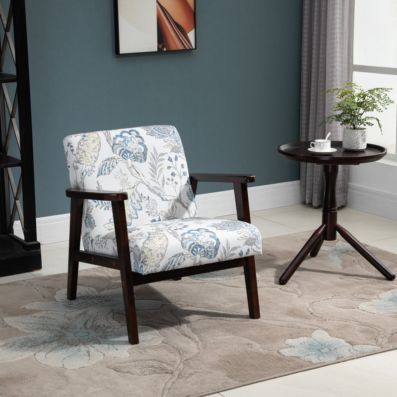 Chaise d'appoint rembourrée avec pieds en bois Mid-Century, Mélange de polyester floral, Brun