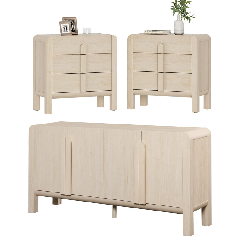 Ensemble de chambre à coucher 3 pièces, ensemble de commode et de table de chevet moderne Mid-Century pour la chambre à coucher, ensemble de 2 tables de chevet avec profil incurvé