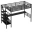 Lit mezzanine simple en métal avec bureau, de couleur noire, sans sommier tapissier, garde-corps, bureau simple à installation dans un espace limité pour lit simple, base supplémentaire, rails, chambre d'amis idéale