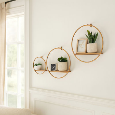 Decorative Round Metal Hanging Wall Shelf Sculpture for Home Decor - Modern Wall Art Accent for Office and Living Room - Set of 3, 16", 14", 12", Bronze
