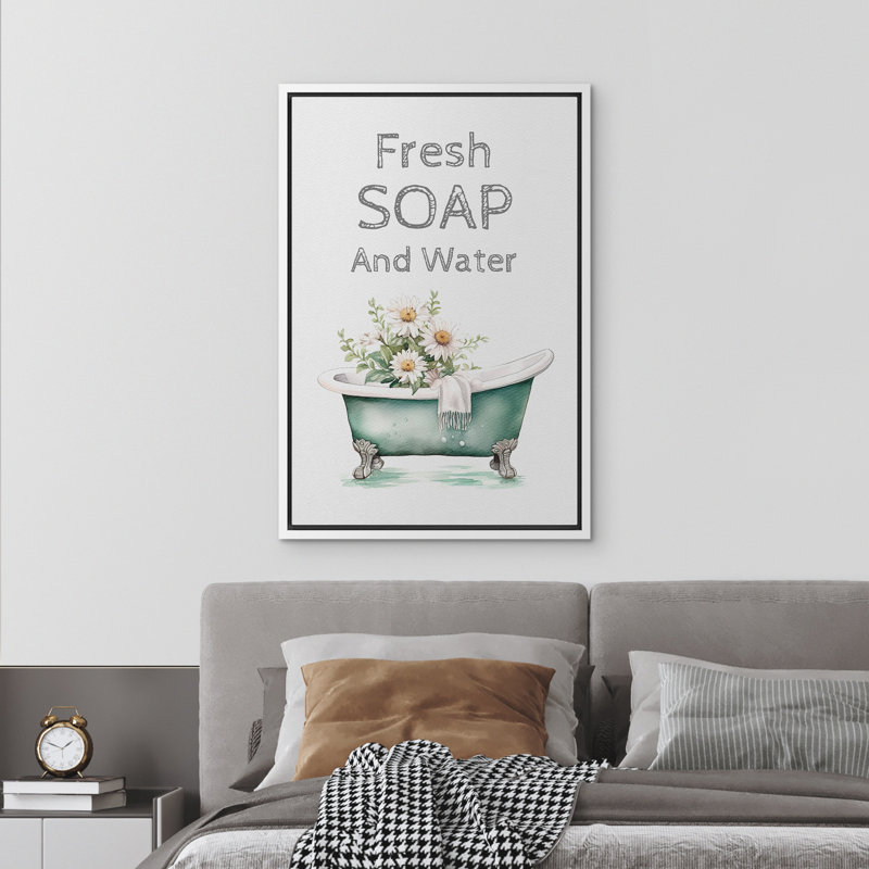 «Fresh Soap and Water Daisies In The Bathaign», décoration de salle de bain mignonne encadrée sur toile, Cadre flottant blanc