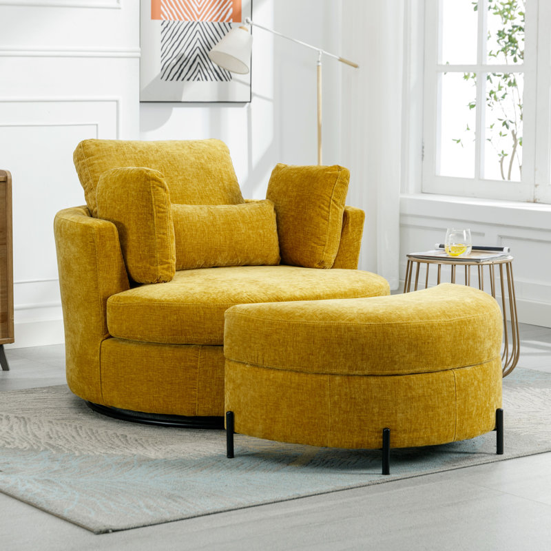 Mustard Chenille Swivel Barrel Chair with Ottoman