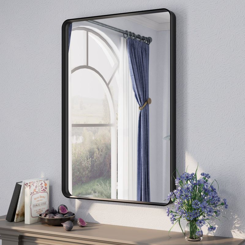 Aevar Tempered Glass and Aluminum Alloy Framed French Cleat Mounted Wall Mirror, 36" x 24", Matte Black