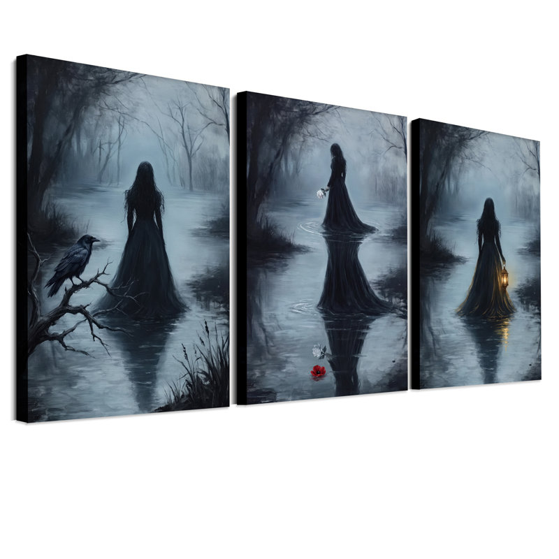 Femme en longue robe foncée tenant une lanterne - Ensemble de 3 toiles murales pour l'Halloween, H 18 po x l 12 po x 3 pièces