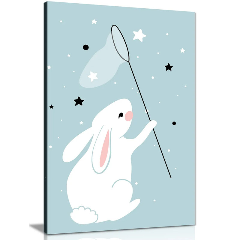Kids Room Baby Nursery Decor Cute Teal White Rabbit - Wrapped Canvas Print, 76cm H x 51cm W