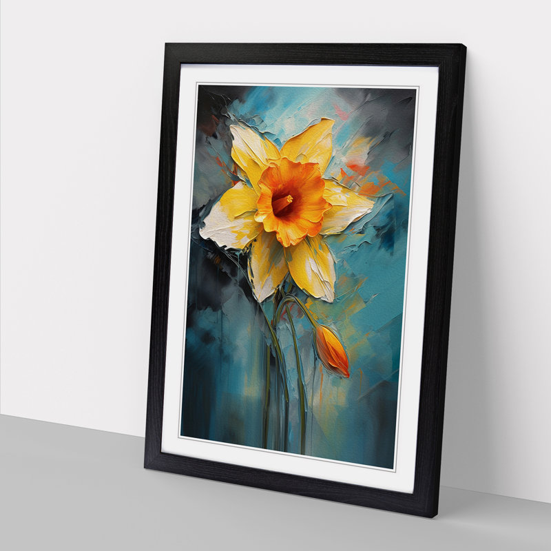 Daffodil Flower Expressionism No.2 - Single Picture Frame Print on Wood, 64cm H x 46cm W x 2cm D, Black Framed