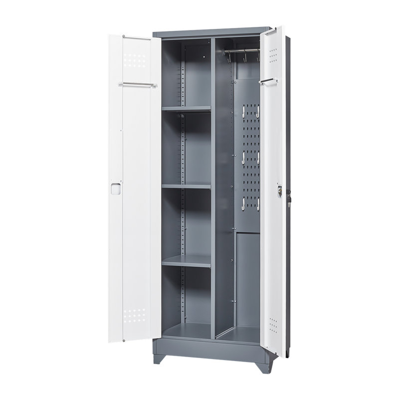 Broom Storage Cabinet With Locking Doors And Shelves, 65" H Metal Storage Cabinet With Hanging Rod & S-Hooks, Cleaning Tool Storage Cabinet