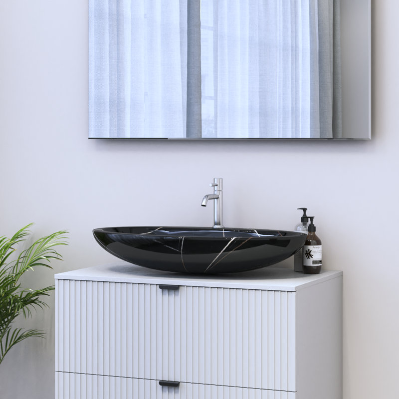 Meble Furniture 16.3" Ceramic Oval Vessel Bathroom Sink with Overflow, Black