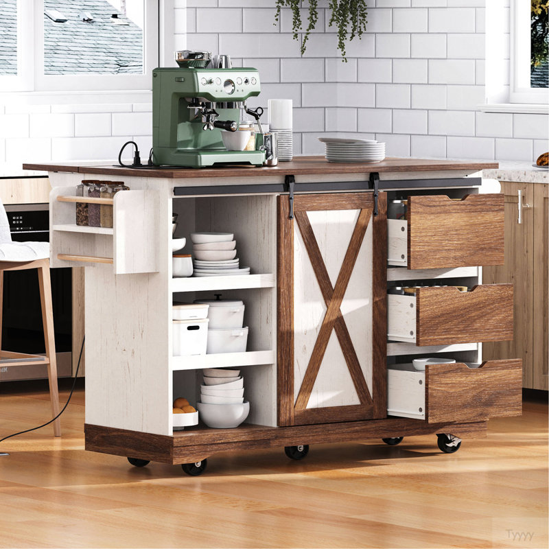 55.5" Farmhouse Kitchen Island With Drop Leaf, Kitchen Storage Island With Barn Door, Power Outlet, Rolling Kitchen Cart On Wheels With Spice Rack, For Home, Kitchen, Dining Room, White