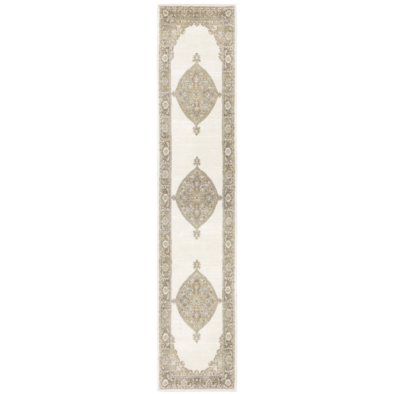 Tapis de couloir oriental tissé à la machine beige et ivoire 2 pi x 10 pi