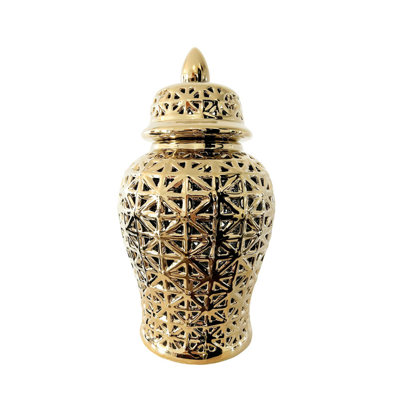 Debraa Handmade Ceramic Cutout Ginger Jar with Lid – Available in White & Gold (2 Sizes), 16.5" H x 8.75" W x 8.75" D, Gold