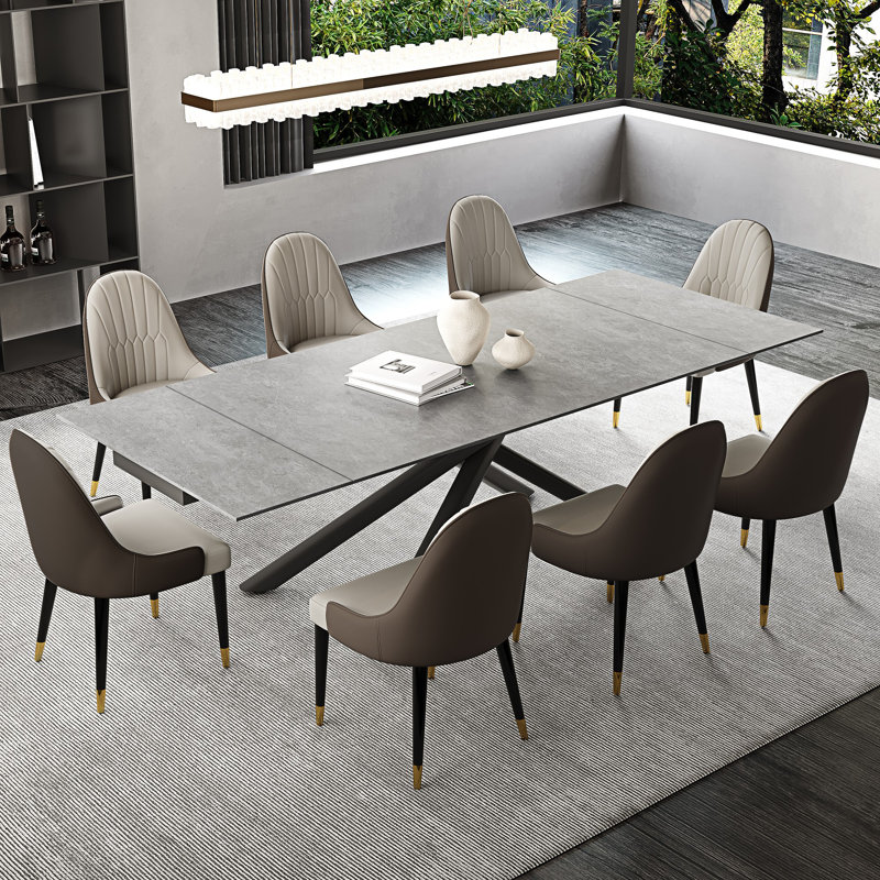 Kerius 9 - Piece 70.86" to 102.36" Extendable Rectangular Sintered Stone Dining Table with 8 Leather Chairs Dining Set, Gray