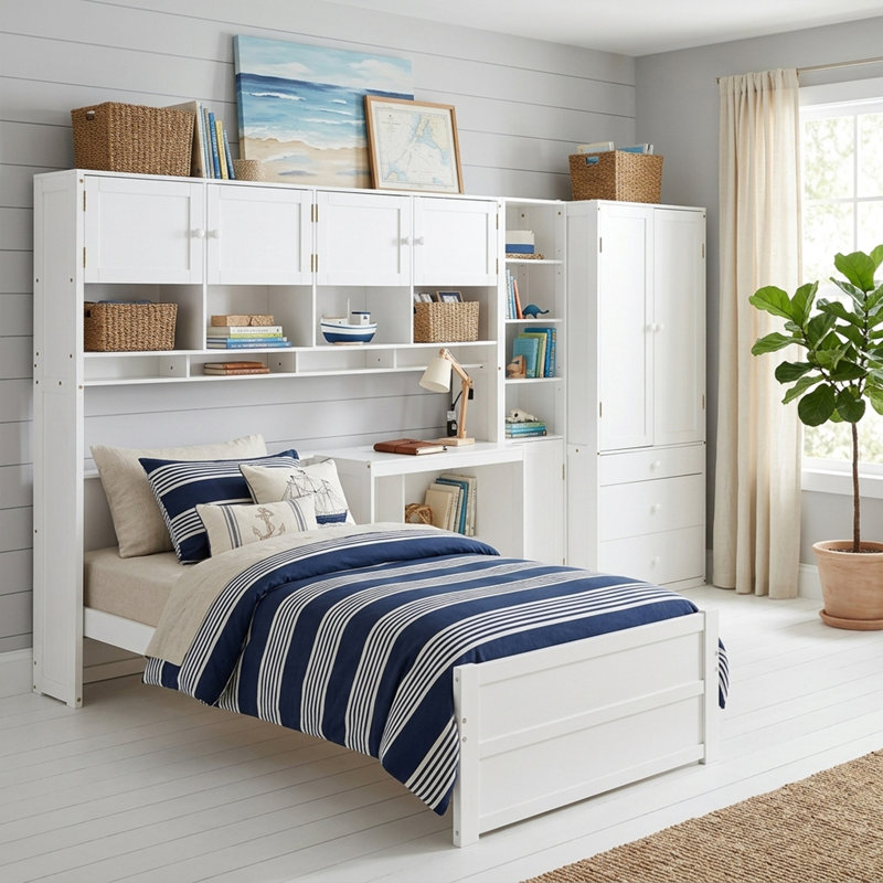 Lit simple tout-en-un avec garde-robe, bureau intégré et armoires de rangement, cadre de lit multifonctionnel en bois massif avec bande lumineuse à DEL intégrée, ensemble de chambre à coucher peu encombrant pour adolescents et studios