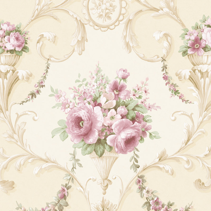 Motif floral ornemental, Vert / rose / crème